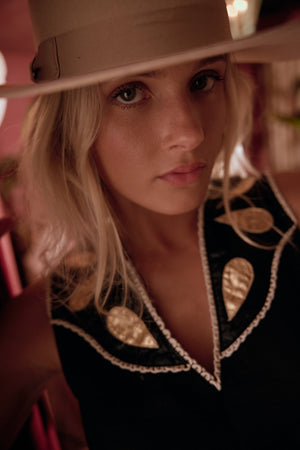 Far West Linen Dress - Black with Metallic Black and Gold Appliques