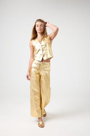 Culotte Metallic Linen Pants - Gold