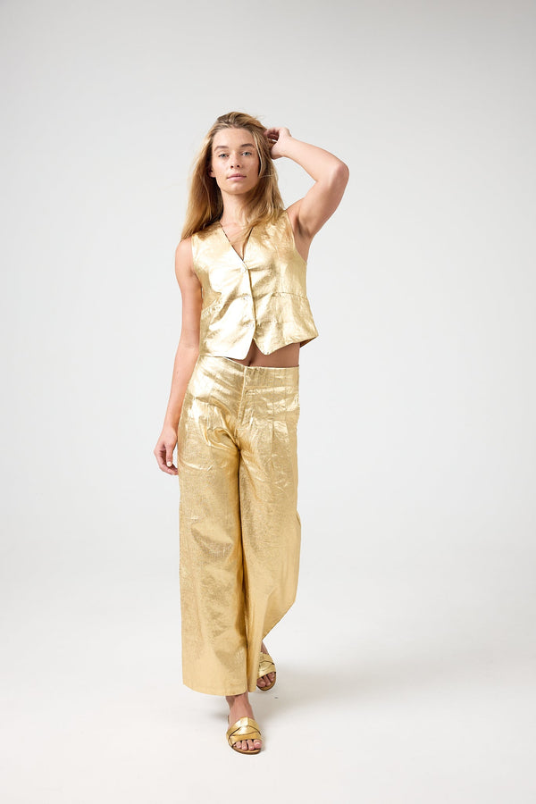 Culotte Metallic Linen Pants - Gold