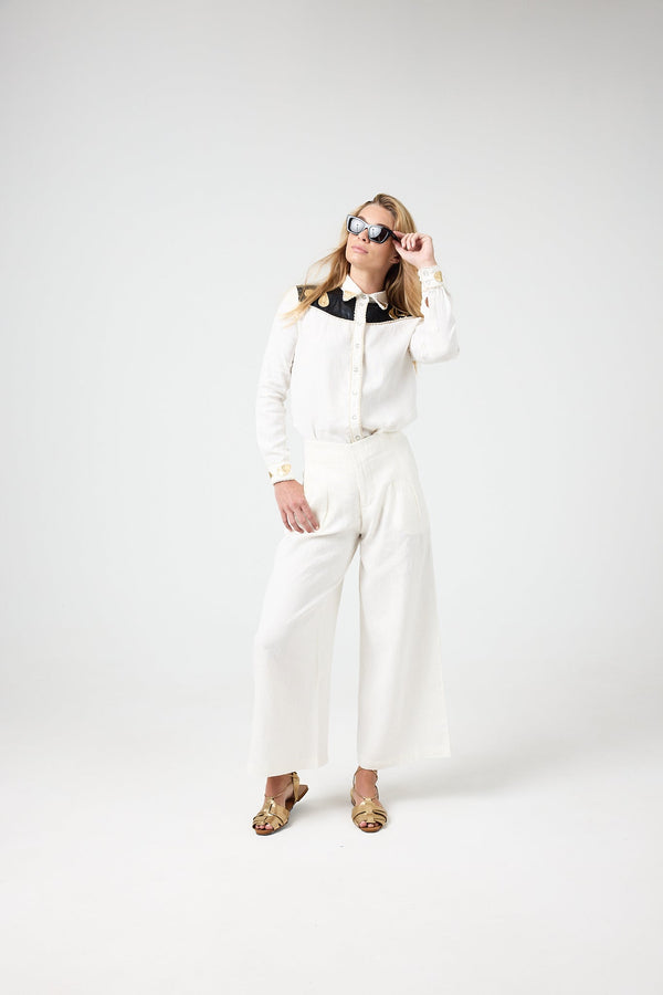 Far West Linen Shirt - Off-White with Metallic Black and Gold Appliques