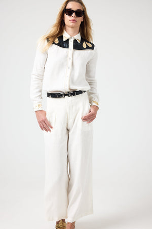 Far West Linen Shirt - Off-White with Metallic Black and Gold Appliques