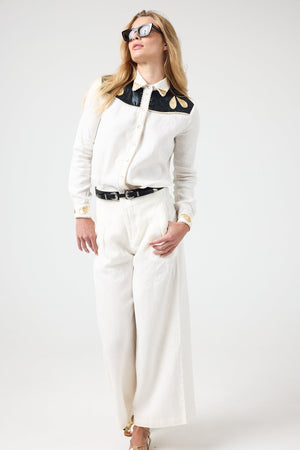 Far West Linen Shirt - Off-White with Metallic Black and Gold Appliques