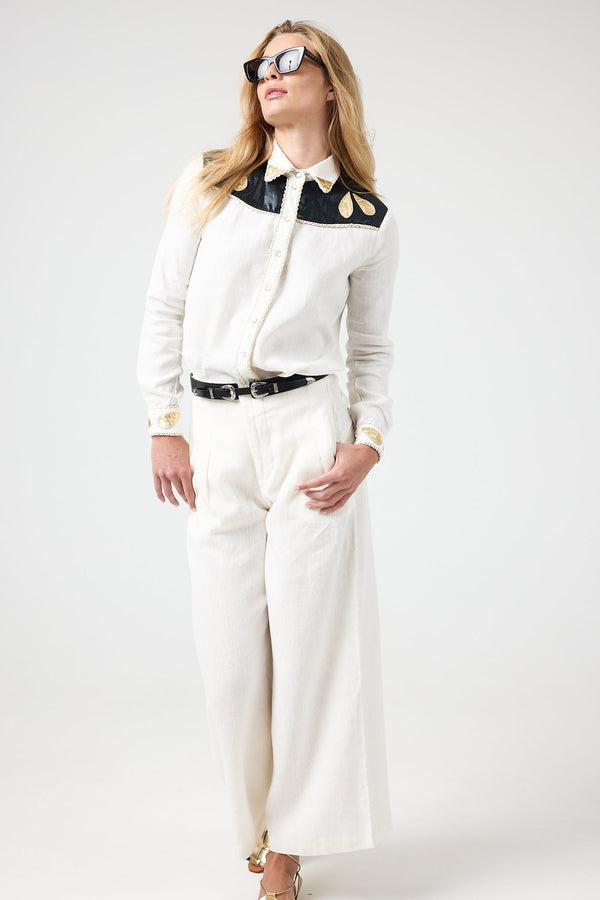 Far West Linen Shirt - Off-White with Metallic Black and Gold Appliques