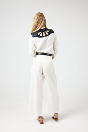 Far West Linen Shirt - Off-White with Metallic Black and Gold Appliques