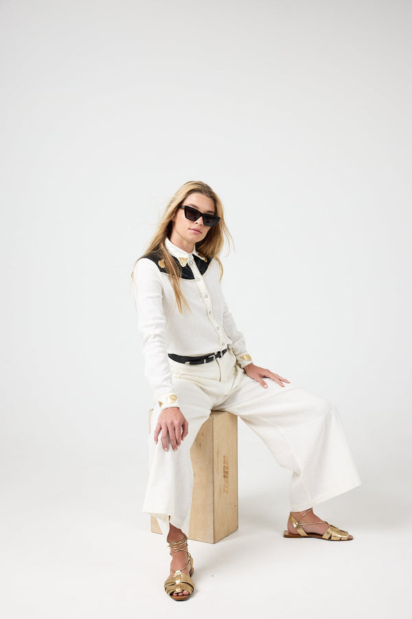 Far West Linen Shirt - Off-White with Metallic Black and Gold Appliques