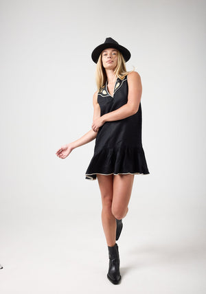 Far West Linen Dress - Black with Metallic Black and Gold Appliques