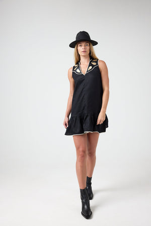 Far West Linen Dress - Black with Metallic Black and Gold Appliques