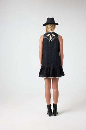 Far West Linen Dress - Black with Metallic Black and Gold Appliques