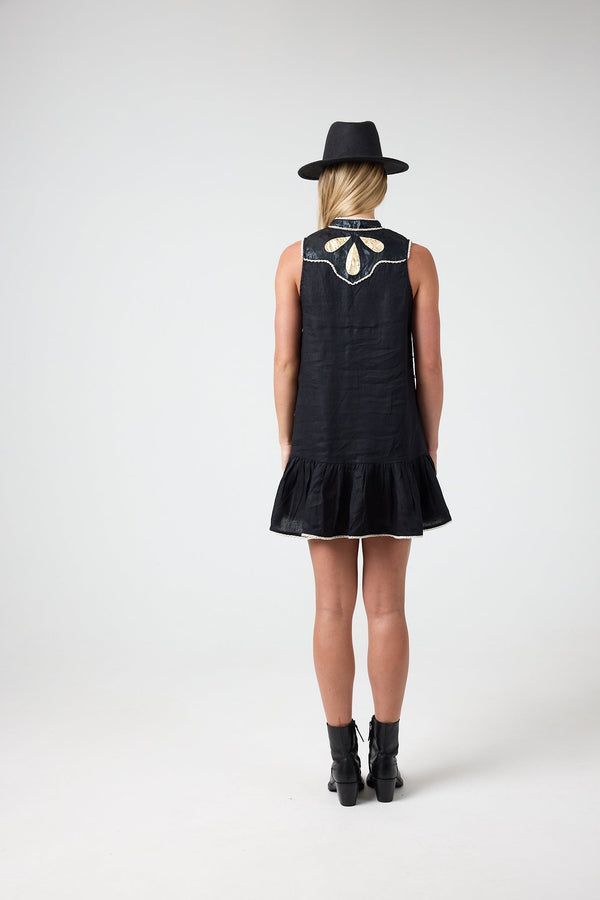Far West Linen Dress - Black with Metallic Black and Gold Appliques