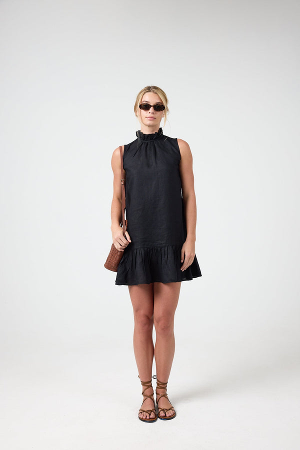 Daisy Short Linen Dress - Black
