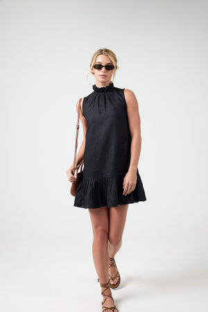 Daisy Short Linen Dress - Black