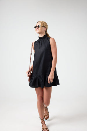 Daisy Short Linen Dress - Black