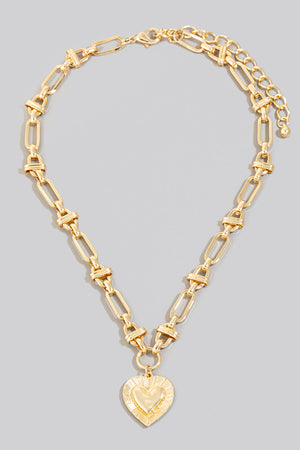 Metallic Heart Pendant Intricate Chain Necklace