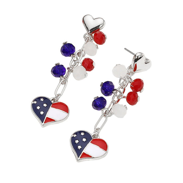 Enamel American USA Flag Heart Beaded Drop Chain Dangle Earrings