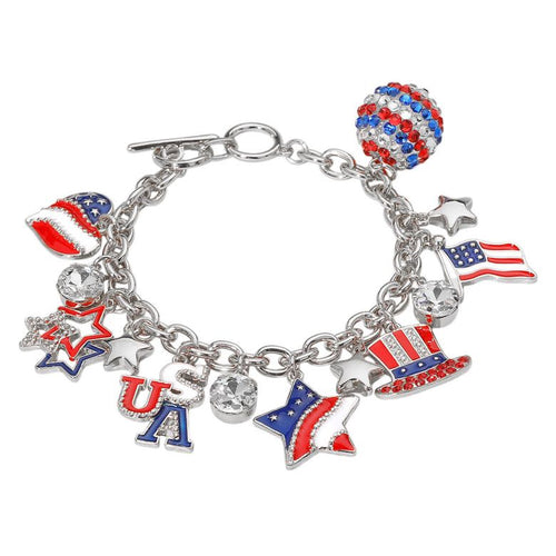 Enamel Stone Paved American USA Flag Message Shamballa Ball Charm Embellished Toggle Bracelet