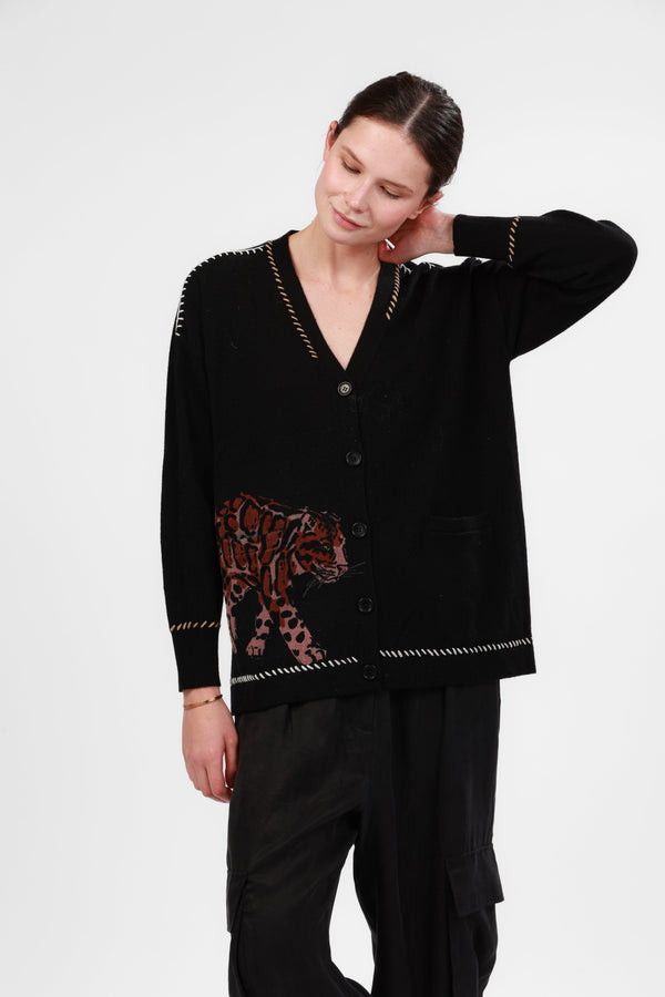 Cardigan Snow Leopard Black