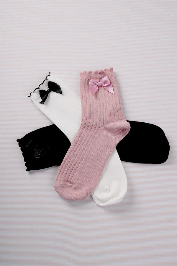 Side Bow Detail Ribbed Crew Socks
