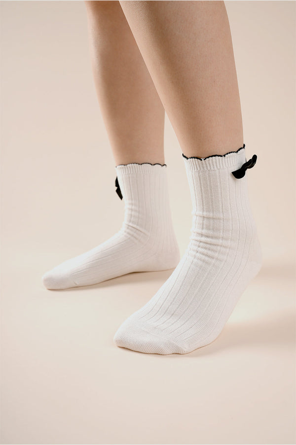 Side Bow Detail Ribbed Crew Socks