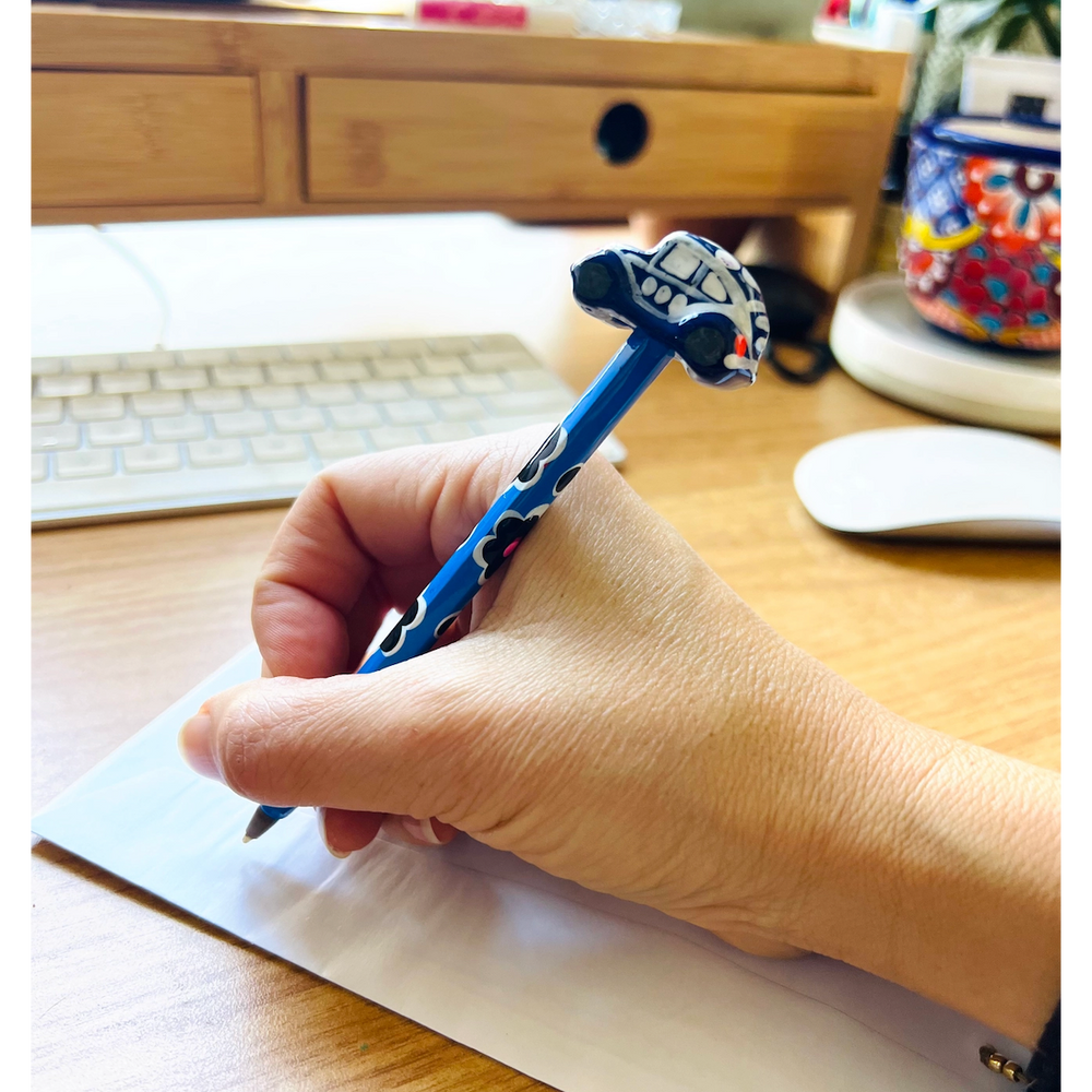 Hand-Painted VW Bug Ceramic Car Ink Pen | Van Flower Pen - Mexico