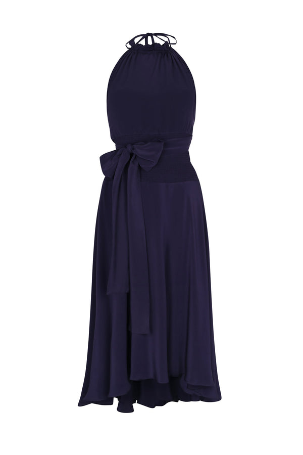 Zenia Halter Neck Silk Dress | Navy