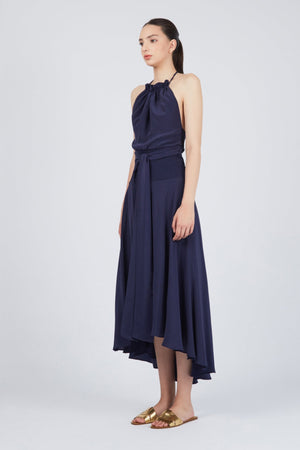 Zenia Halter Neck Silk Dress | Navy