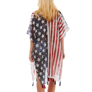 American Flag Printed Tassel Kimono Poncho Cover Up