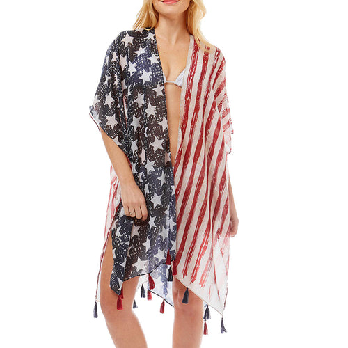 American Flag Printed Tassel Kimono Poncho Cover Up