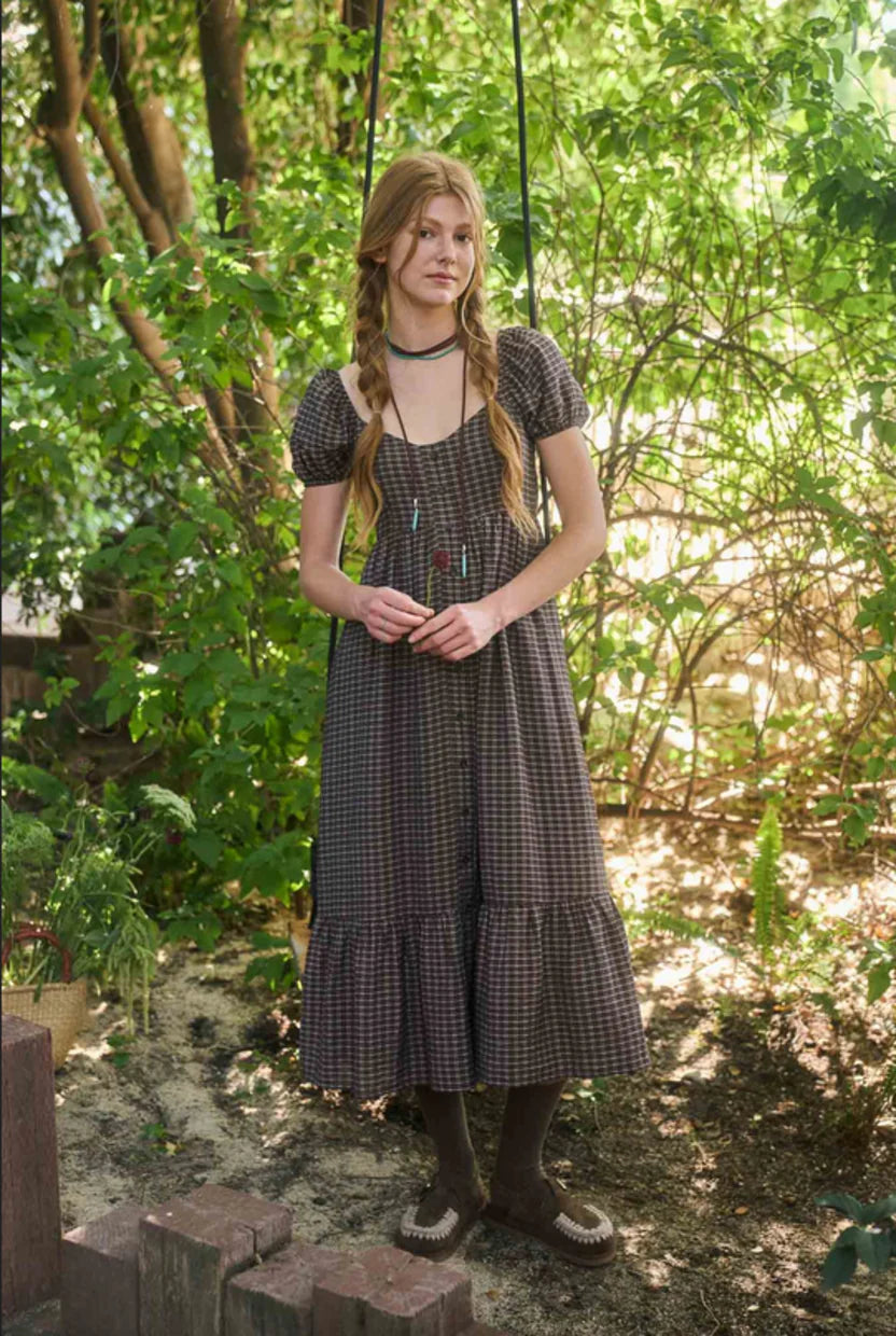 Plaid Puff Sleeve Button Down Maxi Dress