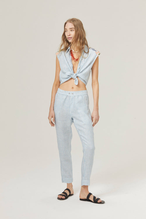 Lotus Jogger Linen Pants - Light Blue and White Stripes with Contrasting Details