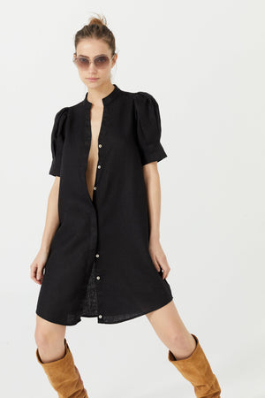Athina Short Linen Dress - Black