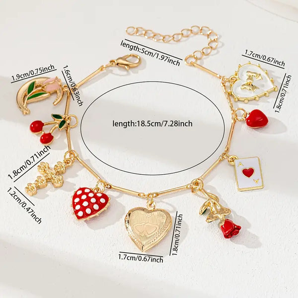 Cherry Strawberry Heart Charm Bracelet