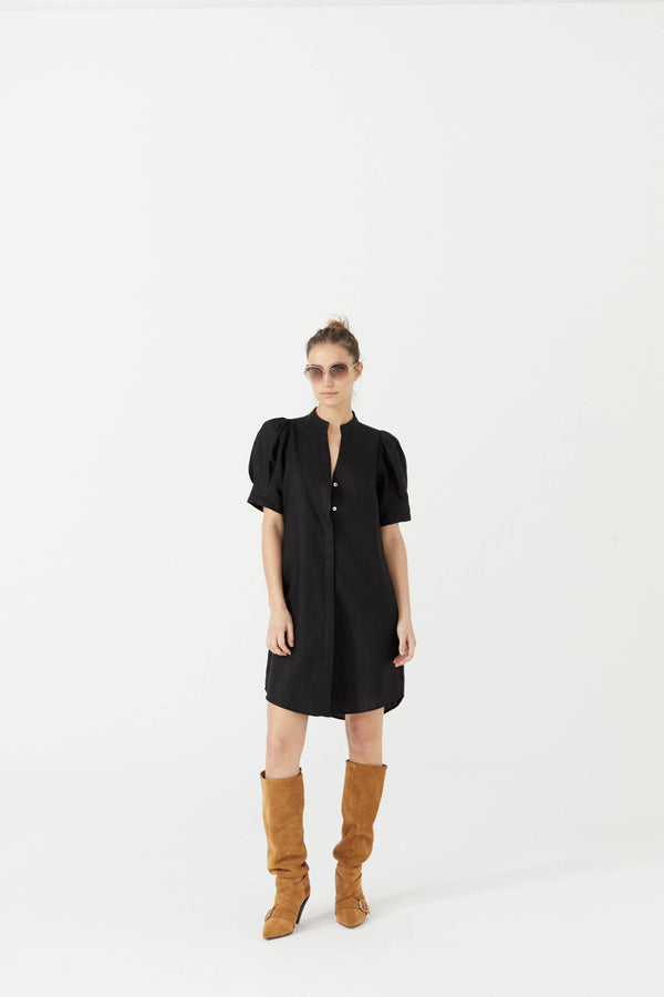 Athina Short Linen Dress - Black