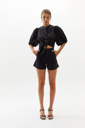 Bubble Linen Crop Top - Black