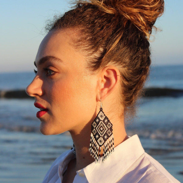 Flor Geometric Seed Bead Boho Fringe Earrings - Guatemala