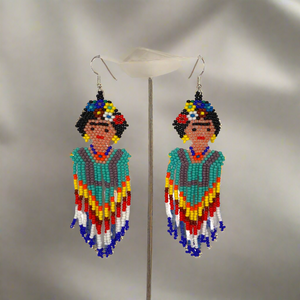 Frida Kahlo Seed Bead Dangly Earrings - Guatemala