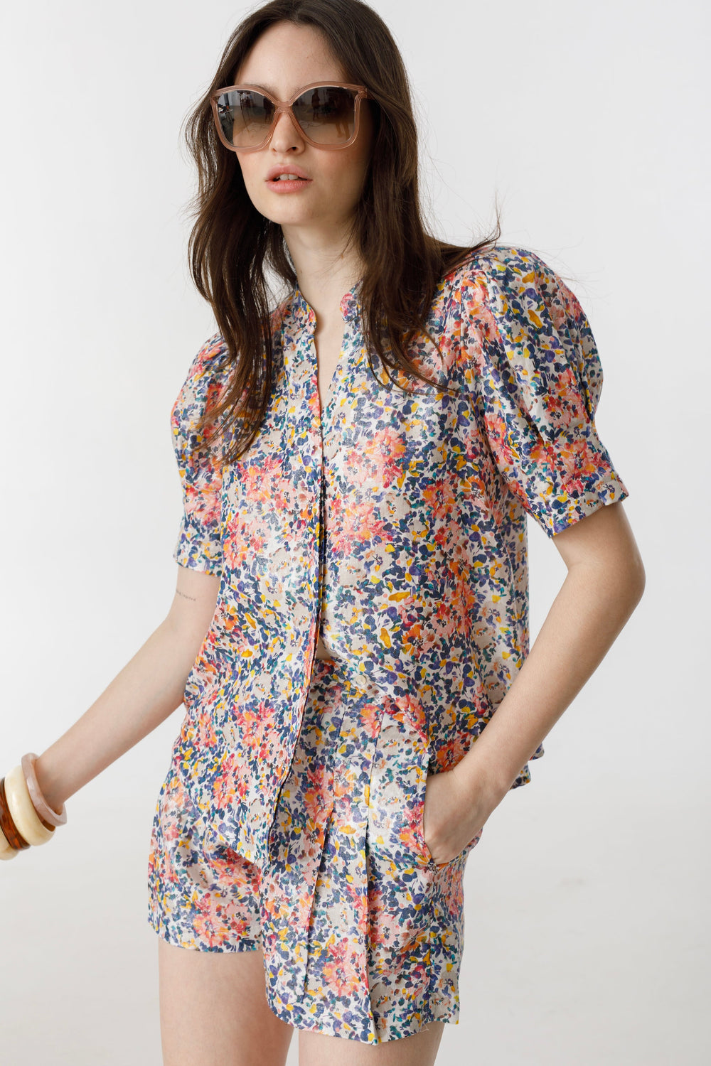 Athina Metallic Linen Shirt - Florece Print