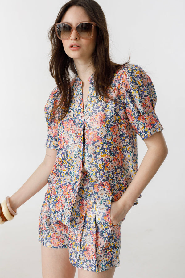 Athina Metallic Linen Shirt - Florece Print