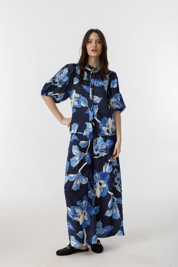 Bubble Linen Shirt - Navy Hibiscus Print