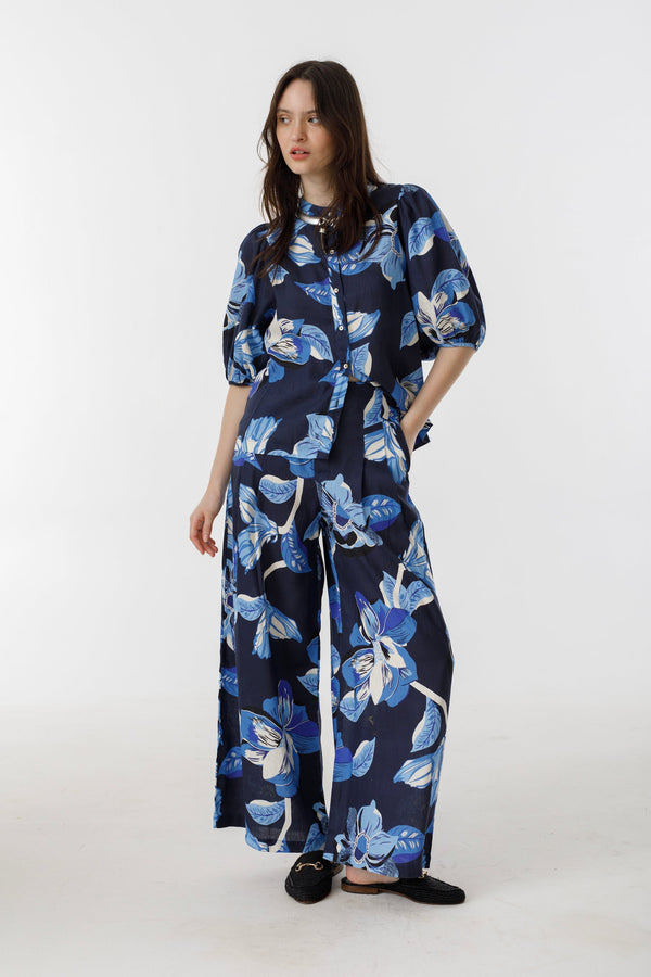 Culotte Linen Pants - Navy Hibiscus Print
