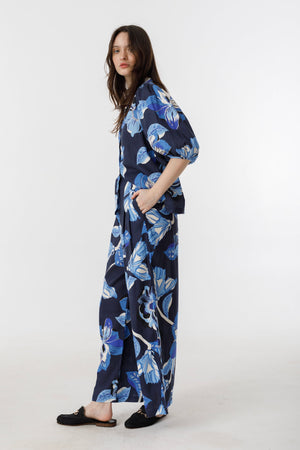 Bubble Linen Shirt - Navy Hibiscus Print
