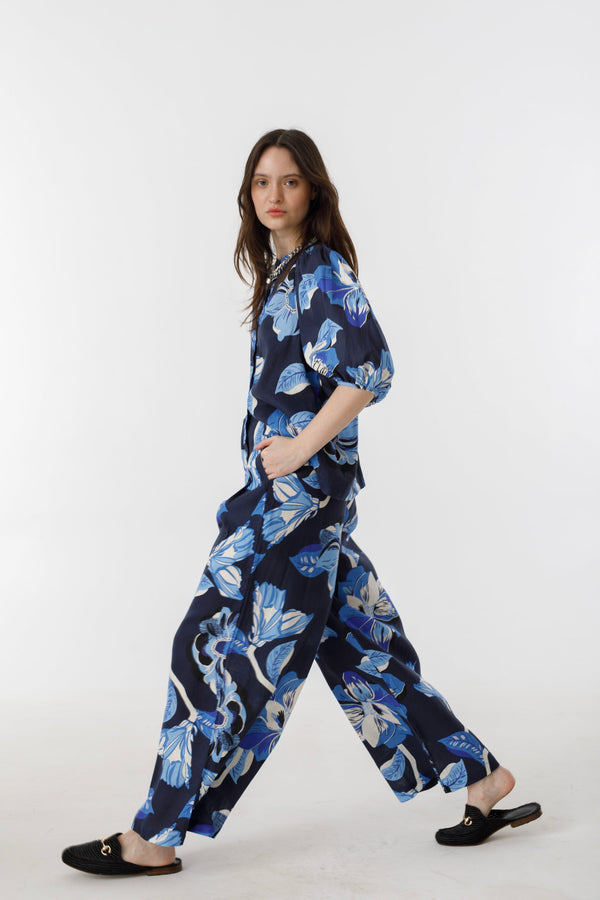 Bubble Linen Shirt - Navy Hibiscus Print