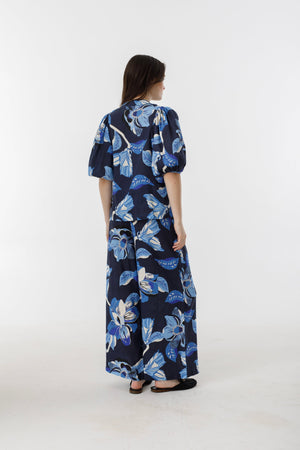 Bubble Linen Shirt - Navy Hibiscus Print