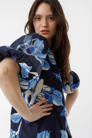 Bubble Linen Shirt - Navy Hibiscus Print