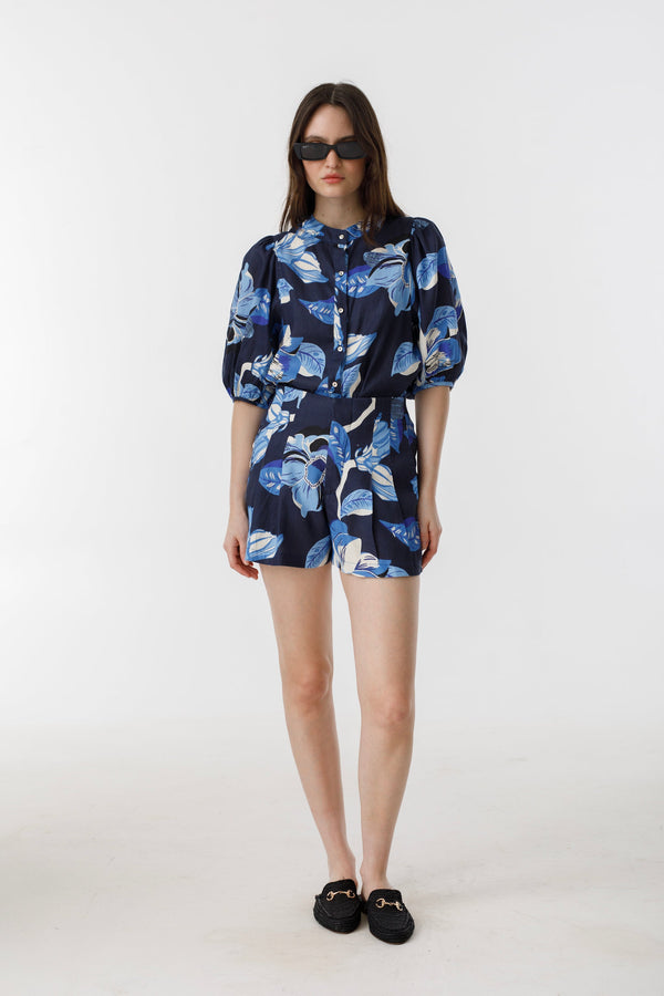Frida Linen Shorts - Navy Hibiscus Print