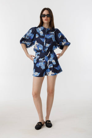 Frida Linen Shorts - Navy Hibiscus Print