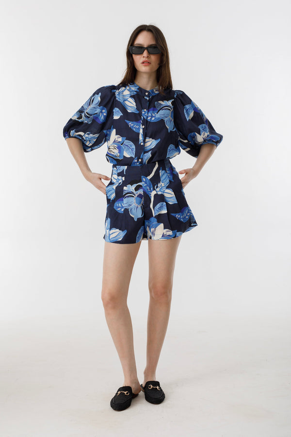 Frida Linen Shorts - Navy Hibiscus Print