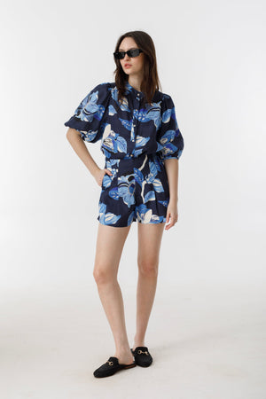 Bubble Linen Shirt - Navy Hibiscus Print