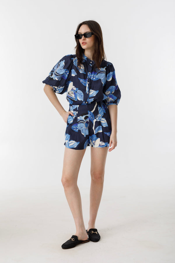 Bubble Linen Shirt - Navy Hibiscus Print