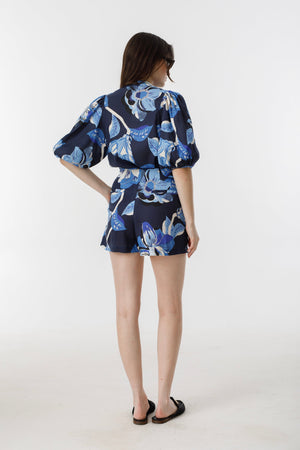 Bubble Linen Shirt - Navy Hibiscus Print