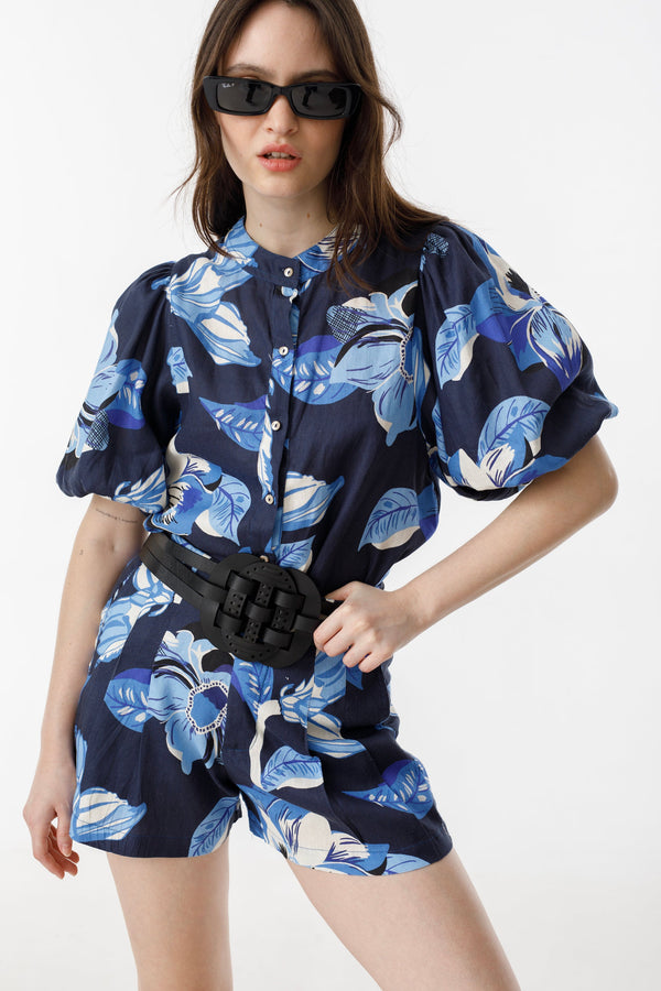 Frida Linen Shorts - Navy Hibiscus Print